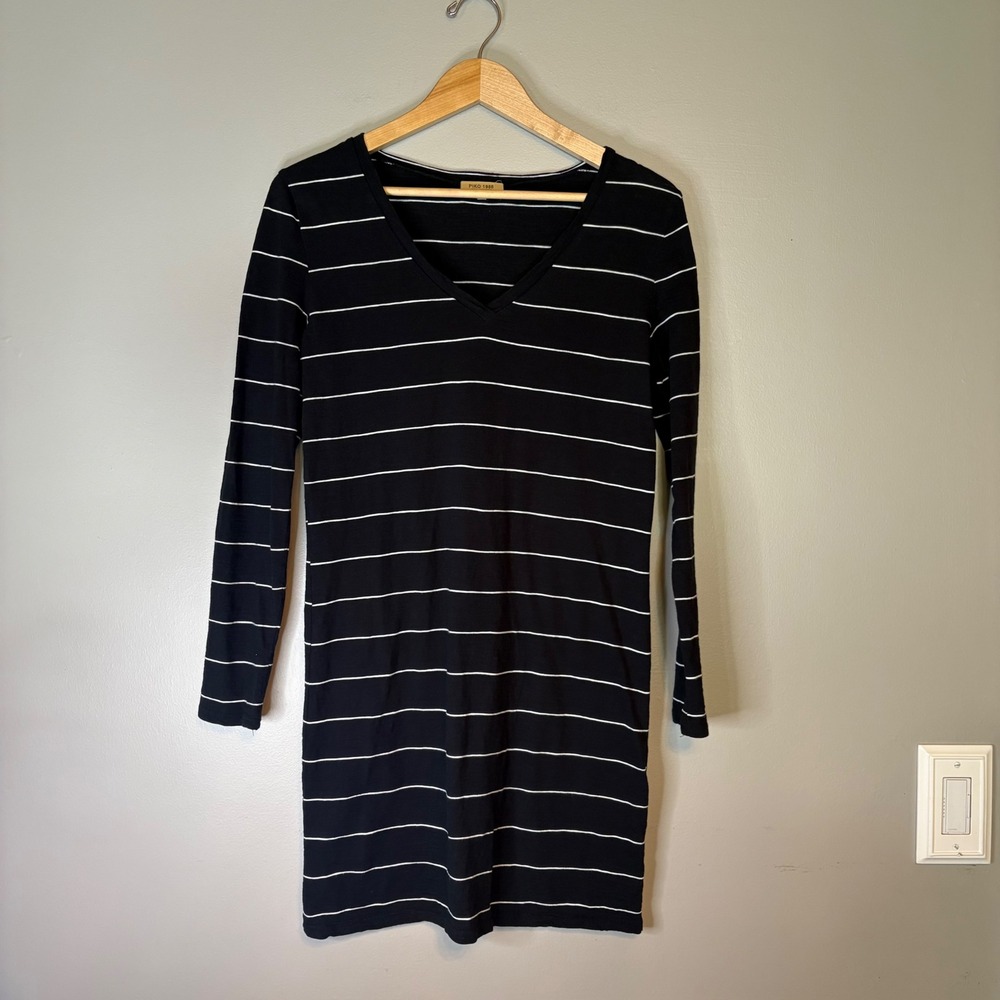 Piko 1988 Womens Striped Long Sleeve V-Neck Cotton‎ Mini T-Shirt Dress Black